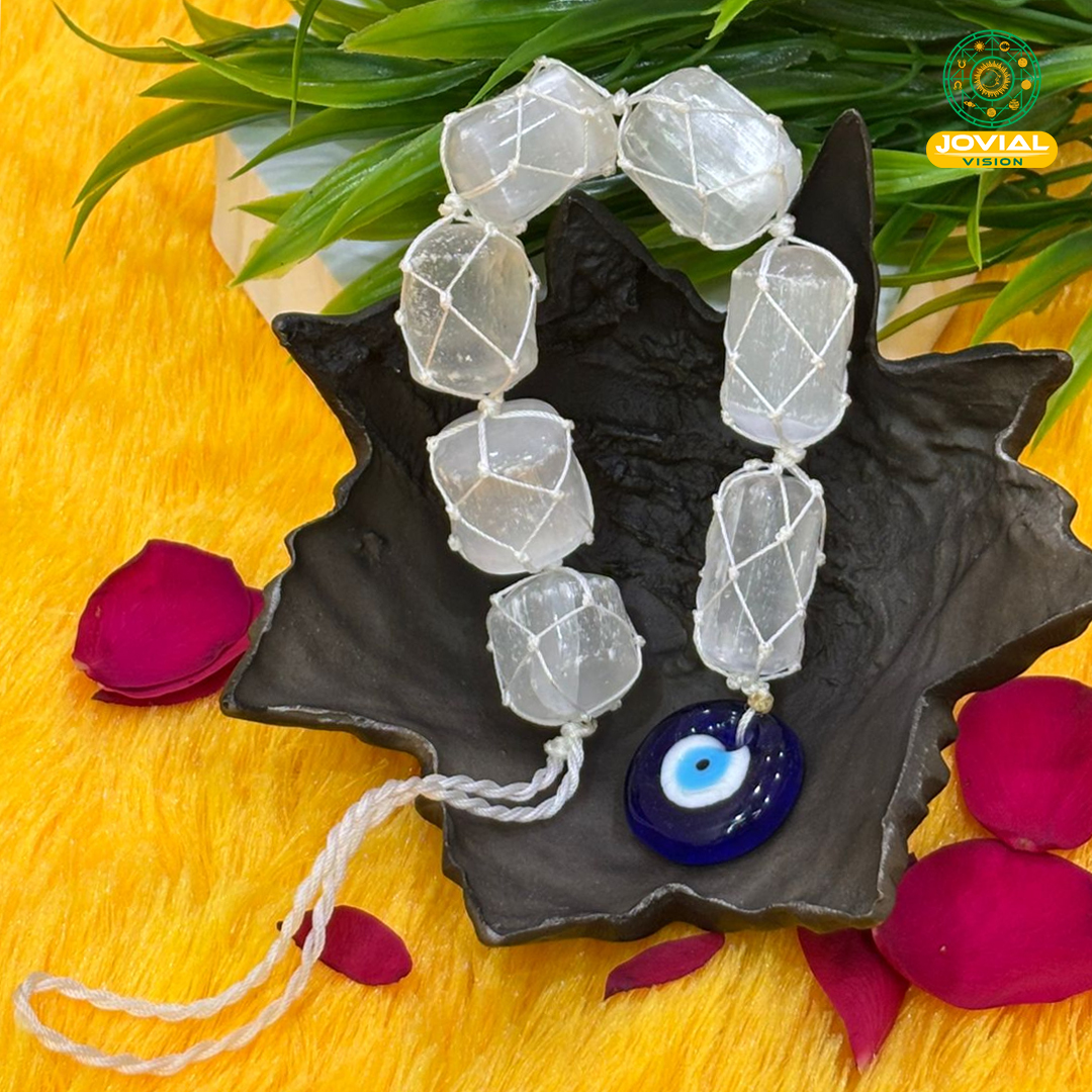 Jovial Vision Selenite Tumble Hanging with Evil Eye
